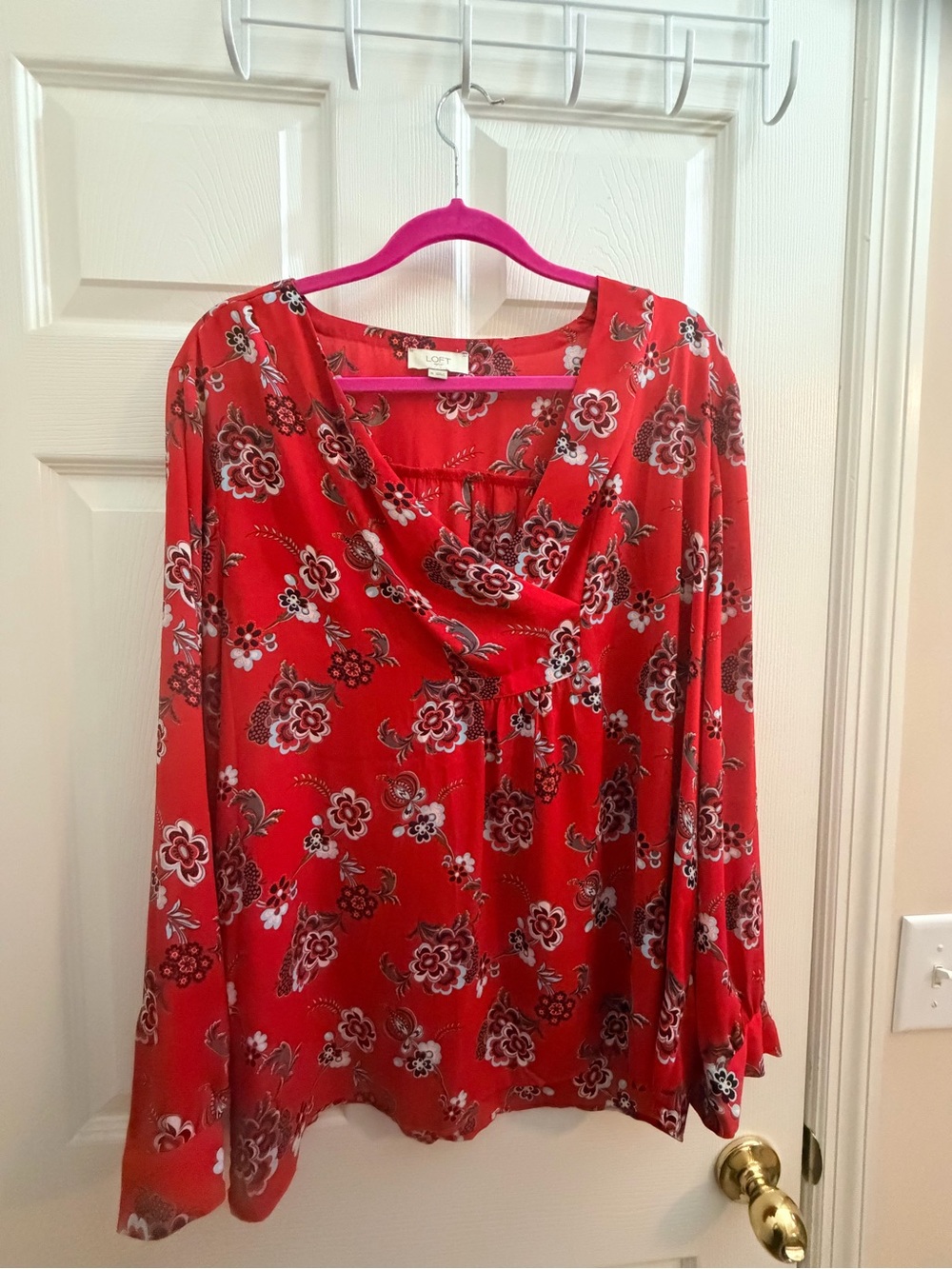 LOFT Red Floral Cowl-Neck Long Sleeve Blouse